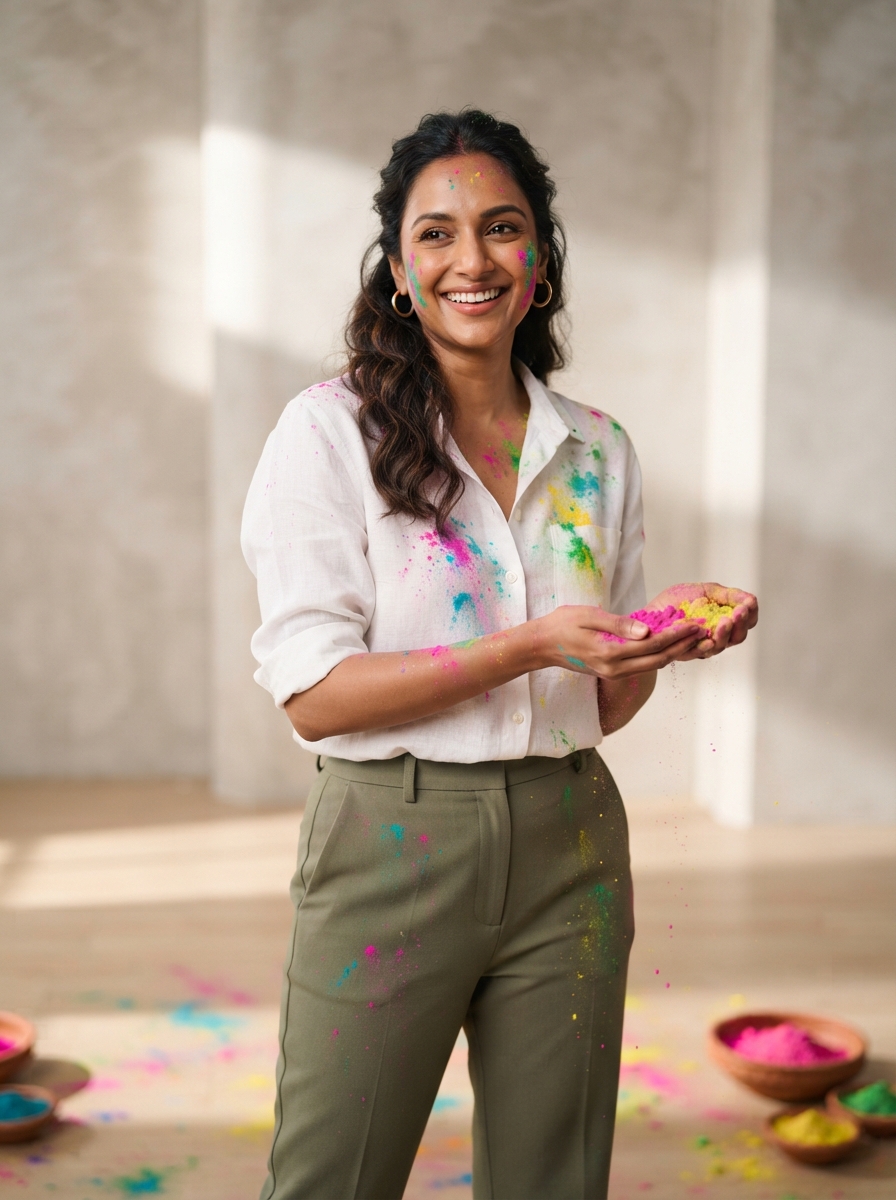 Holi studio editorial AI photo shoot idea created with imageat