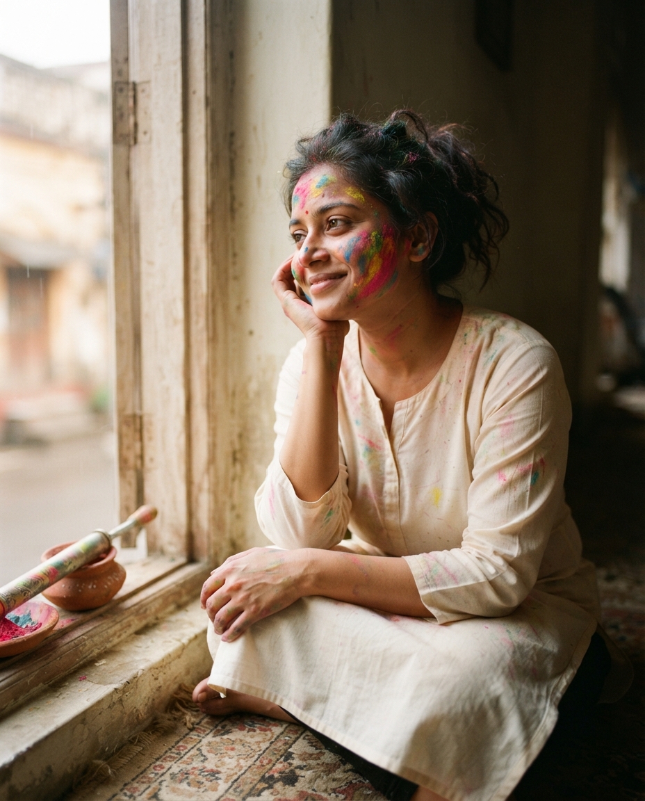 Holi natural window light AI photo shoot idea created with imageat