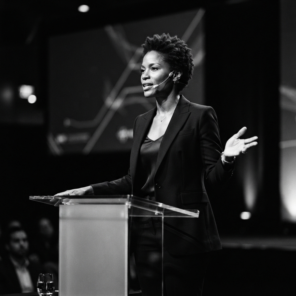 Keynote Speaker fine-art monochrome AI photo shoot idea created with imageat