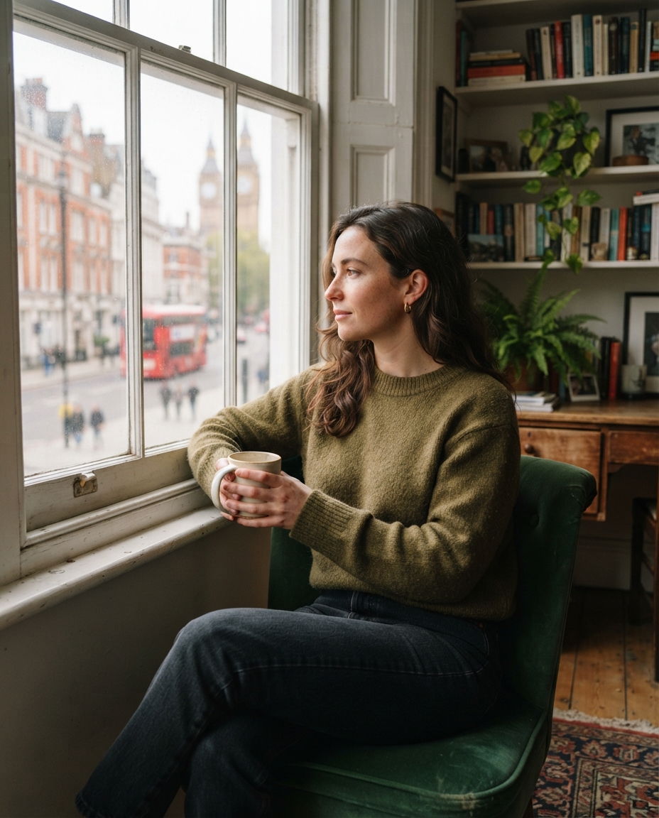 London Travel natural window light AI photo shoot idea created with imageat
