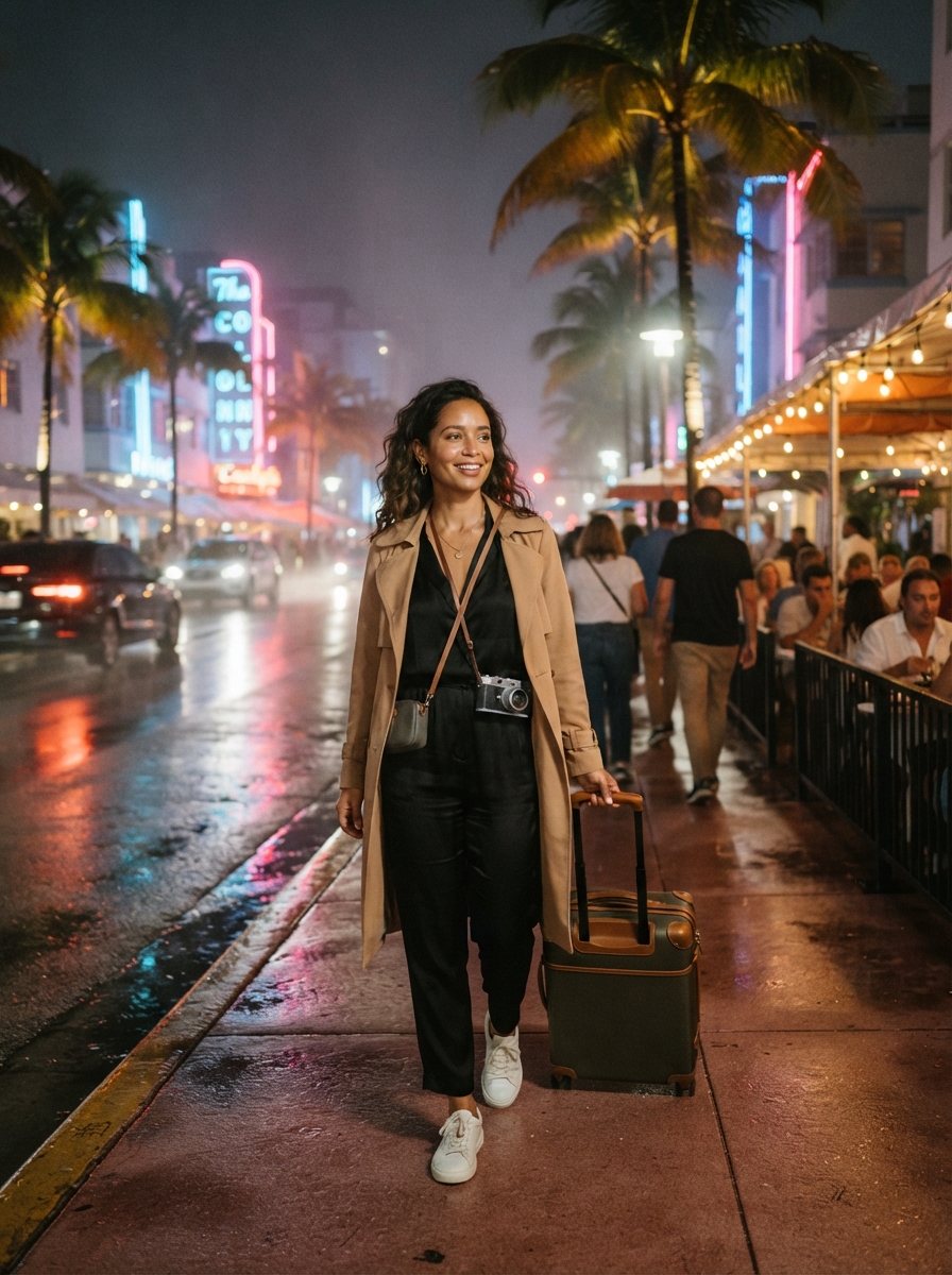 Miami Travel cinematic night AI photo shoot idea created with imageat