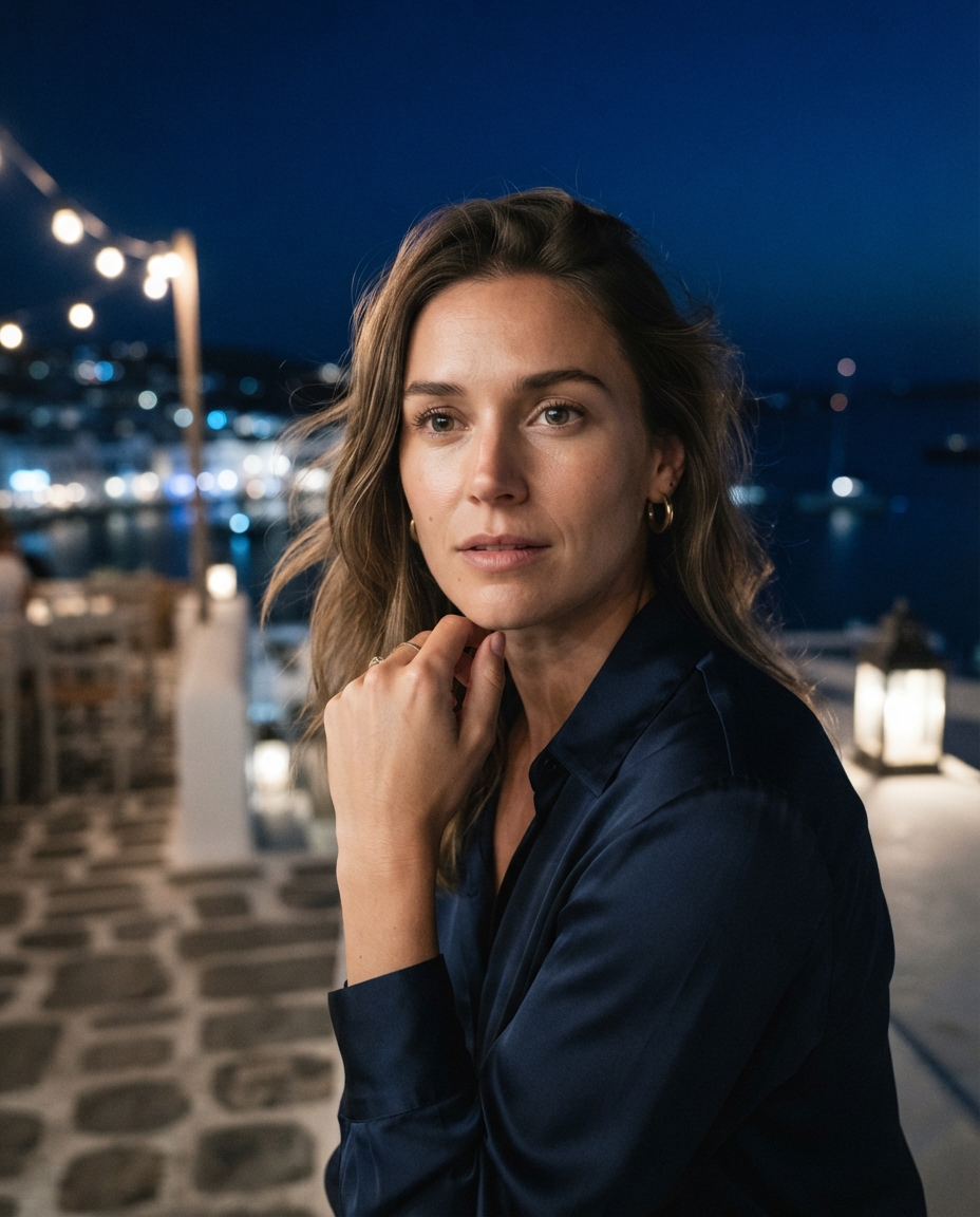Mykonos Nights cinematic close-up AI photo shoot idea created with imageat