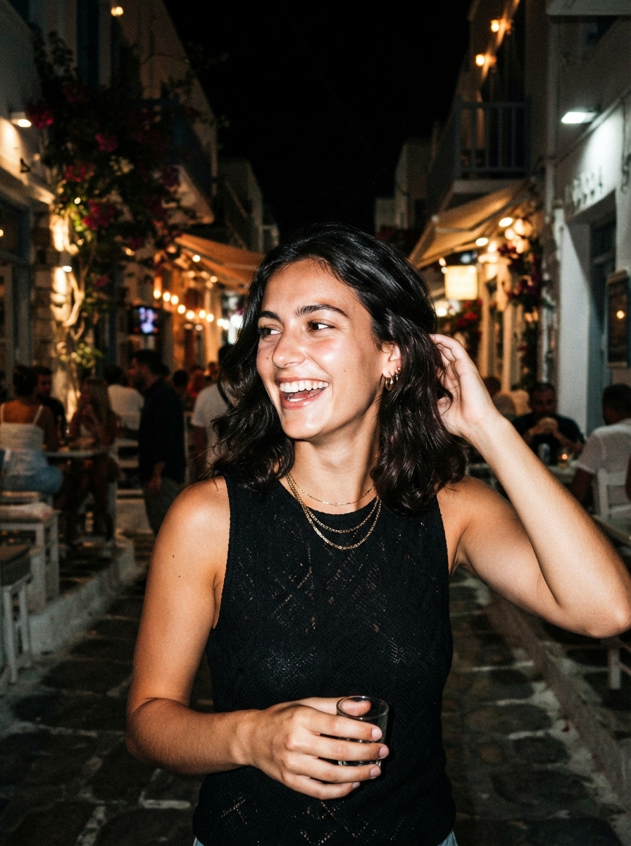Mykonos Nights direct flash AI photo shoot idea created with imageat