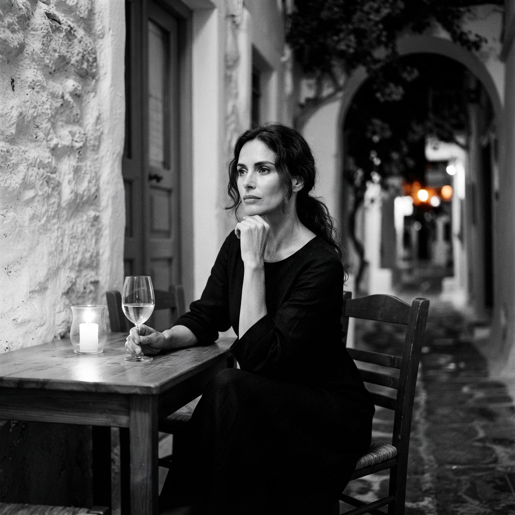 Mykonos Nights fine-art monochrome AI photo shoot idea created with imageat