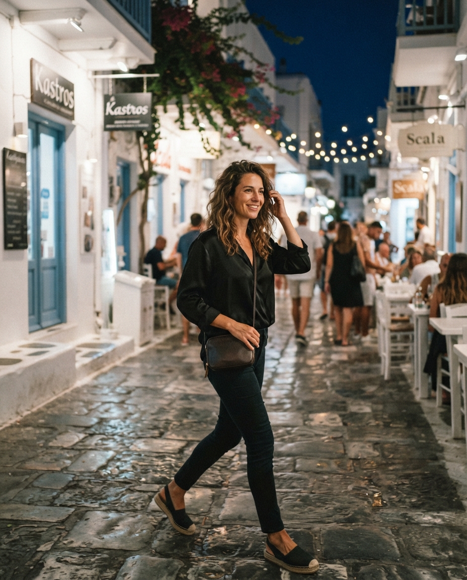 Mykonos Nights street candid AI photo shoot idea created with imageat