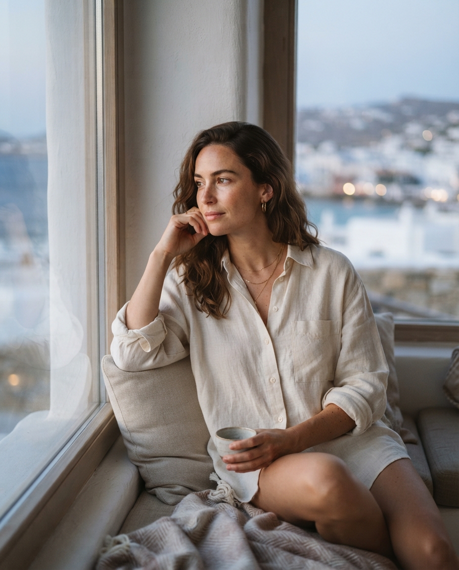 Mykonos Nights natural window light AI photo shoot idea created with imageat