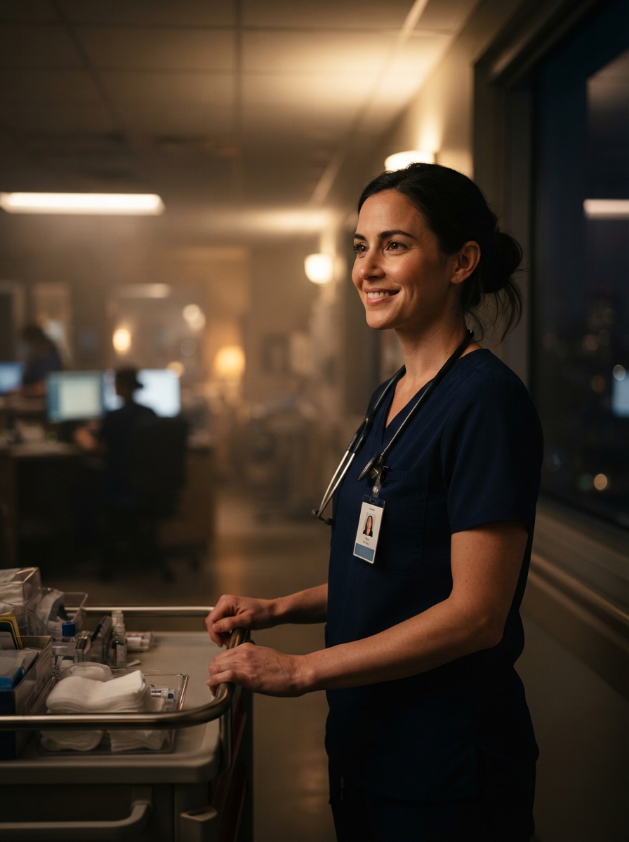 Nurse Headshots cinematic night AI photo shoot idea created with imageat