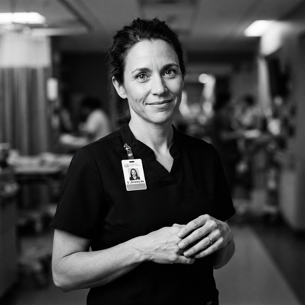 Nurse Headshots fine-art monochrome AI photo shoot idea created with imageat