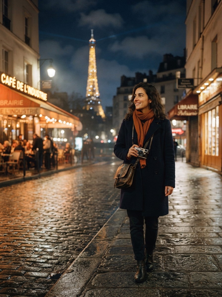 Paris Travel cinematic night AI photo shoot idea created with imageat