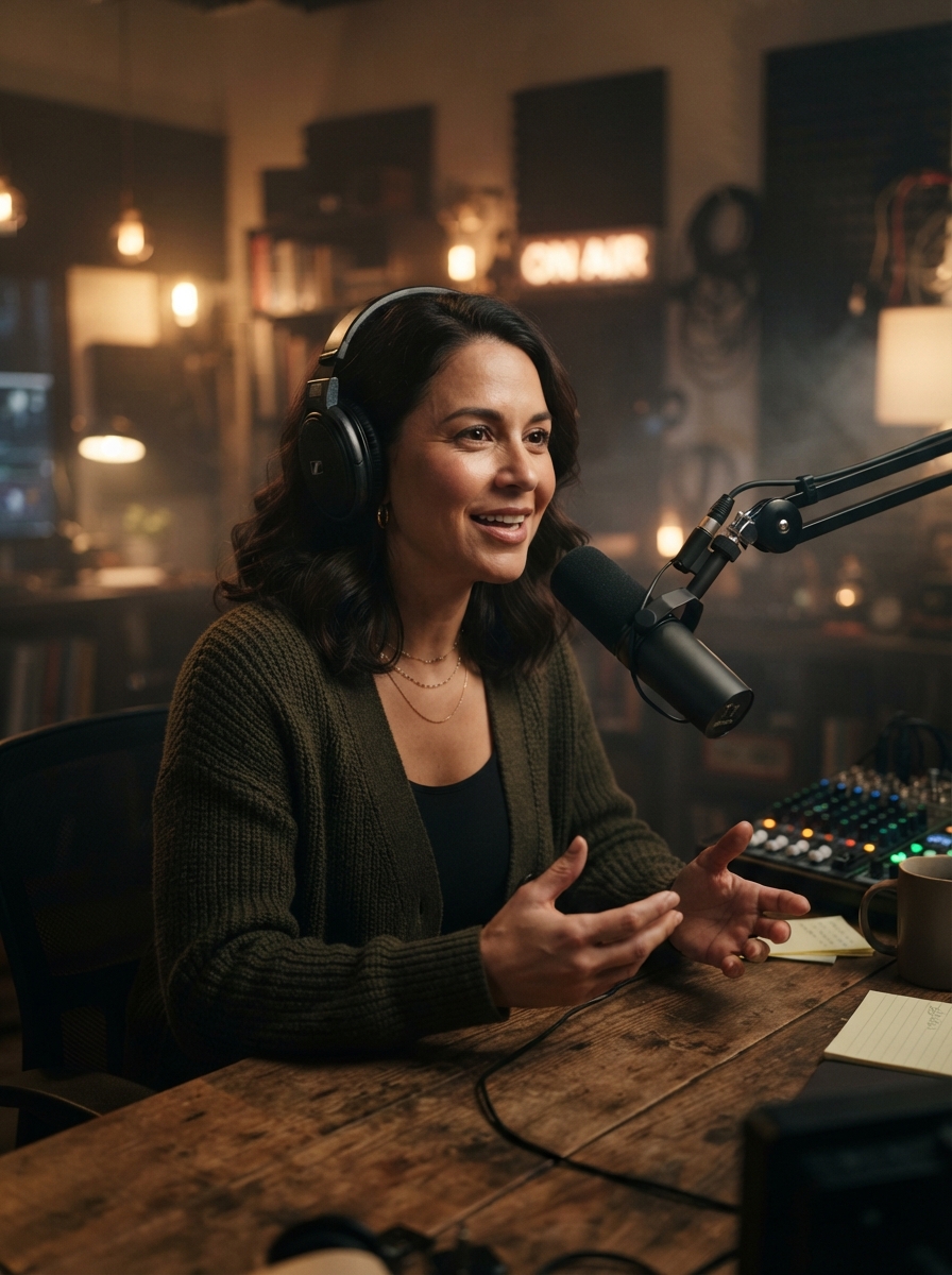Podcast Host cinematic night AI photo shoot idea created with imageat