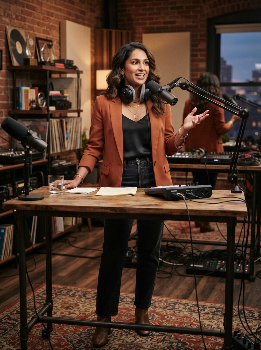 Podcast Host full-body story AI photo shoot idea created with imageat