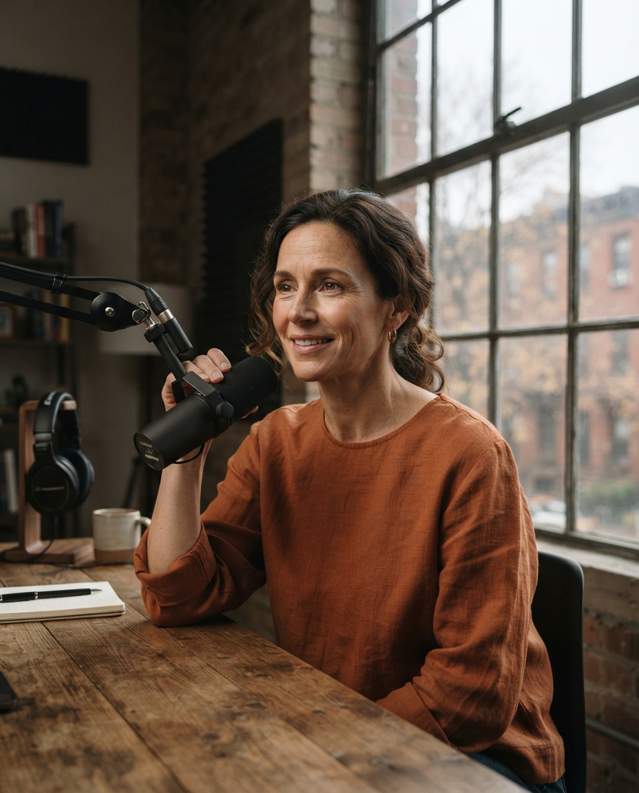 Podcast Host natural window light AI photo shoot idea created with imageat