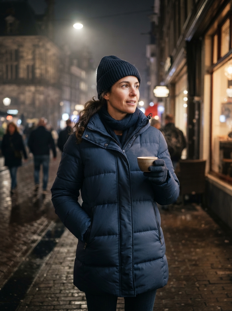 Puffer Jacket cinematic night AI photo shoot idea created with imageat