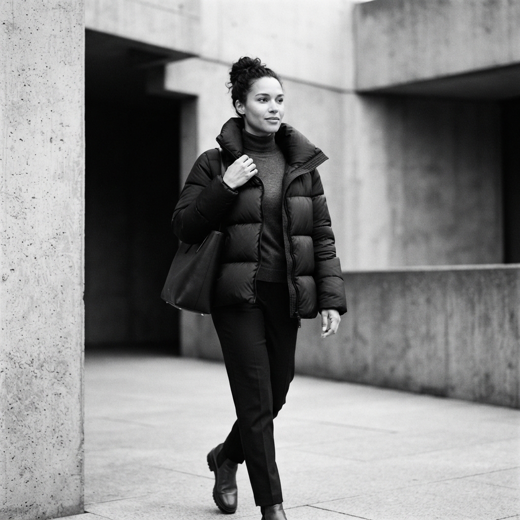 Puffer Jacket fine-art monochrome AI photo shoot idea created with imageat