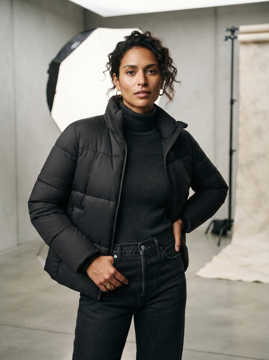 Puffer Jacket studio editorial AI photo shoot idea created with imageat