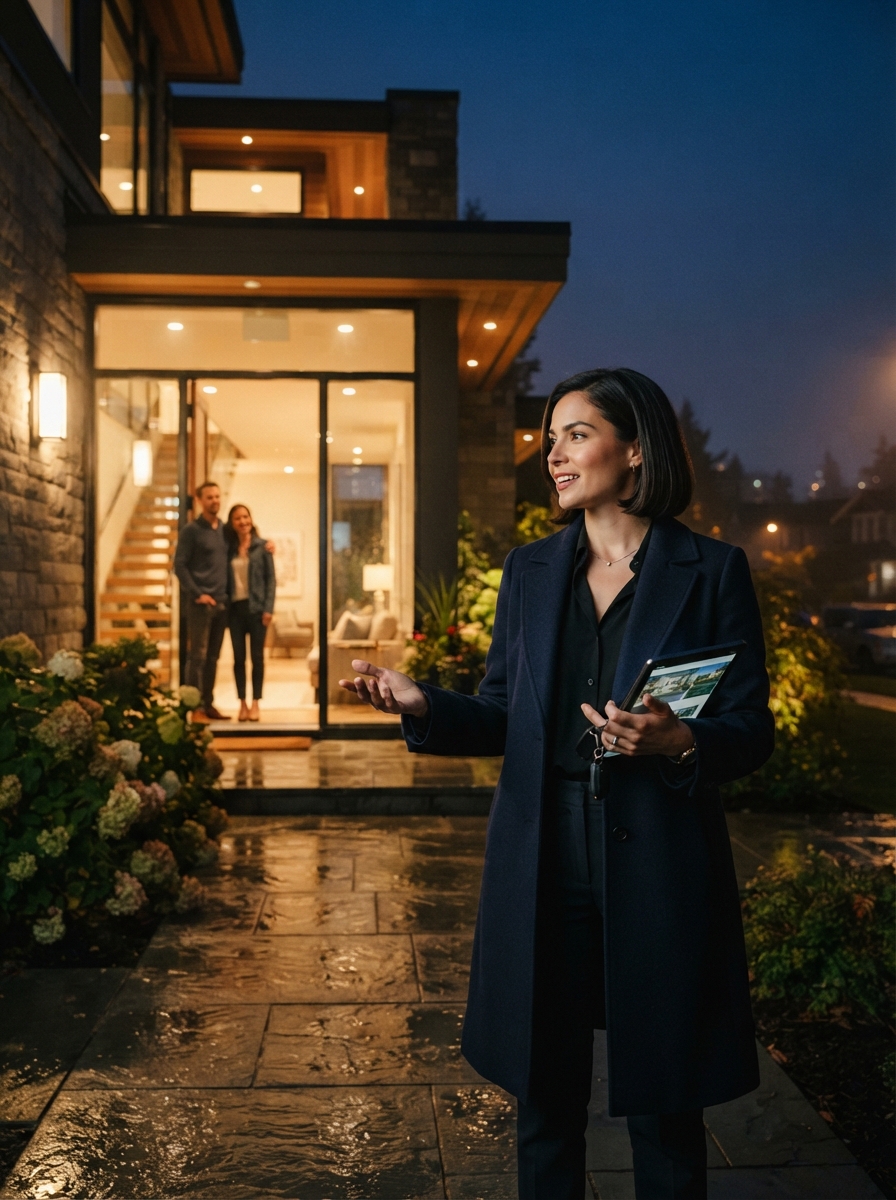 Real Estate Agent cinematic night AI photo shoot idea created with imageat