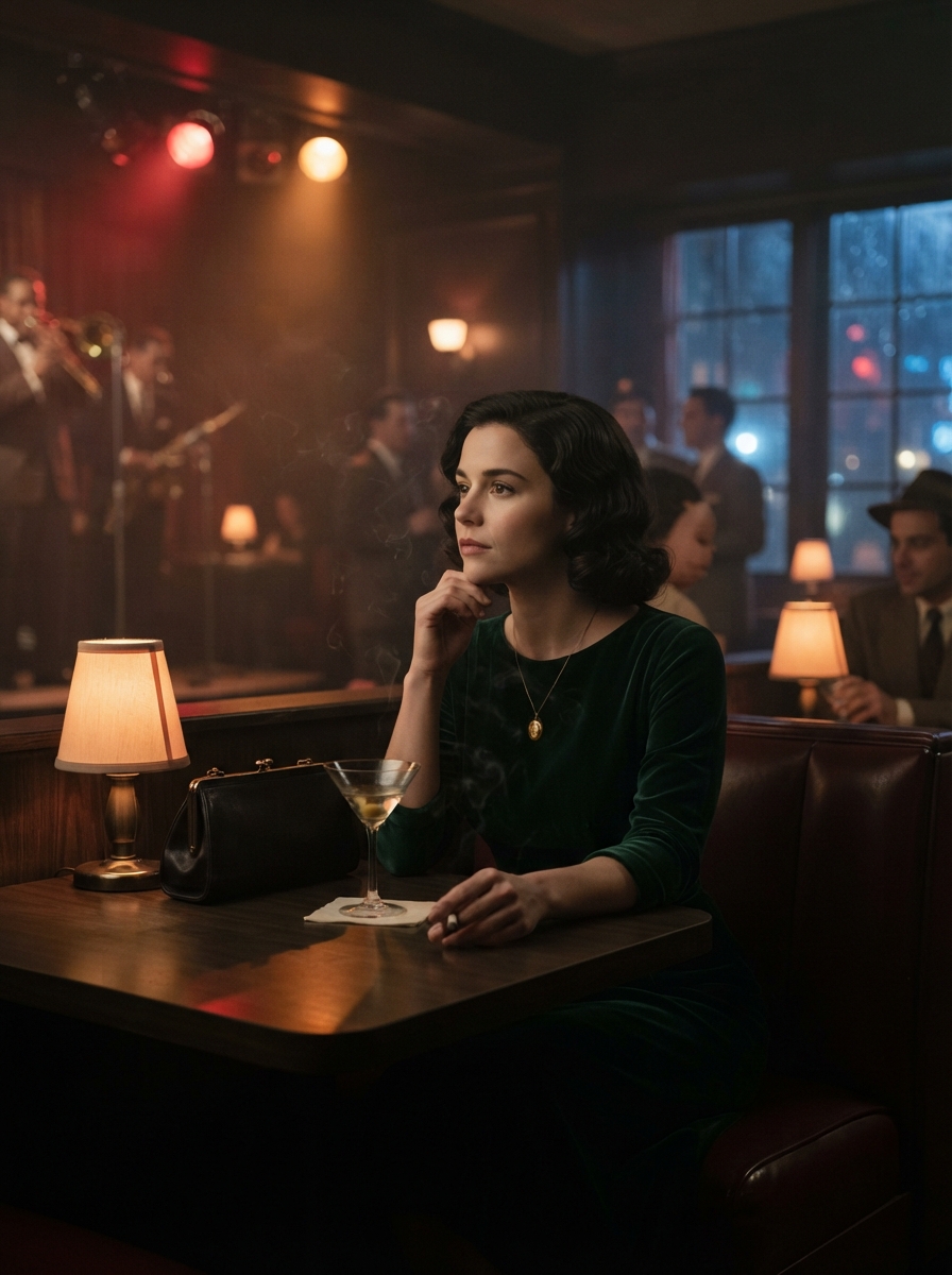 Retro 1950s cinematic night AI photo shoot idea created with imageat