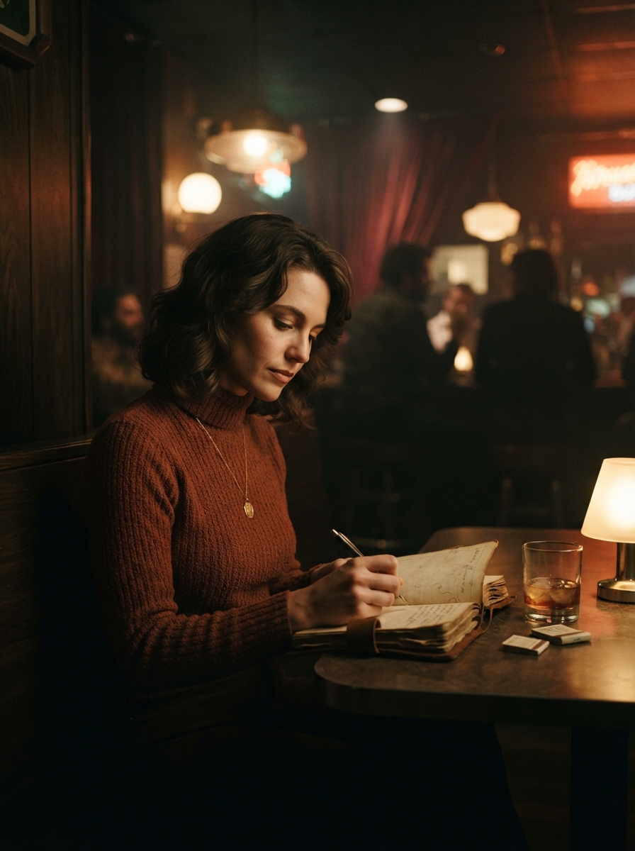 Retro 1970s cinematic night AI photo shoot idea created with imageat