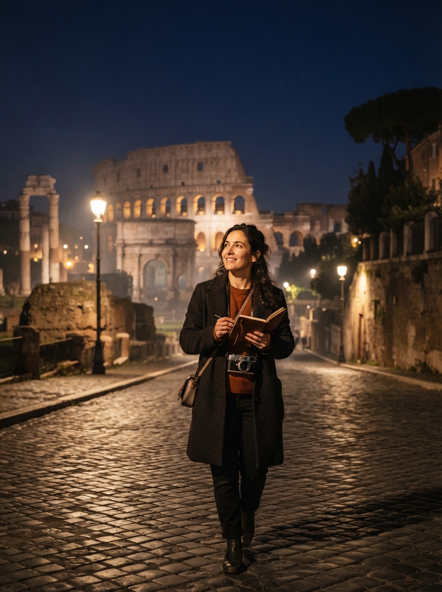 Rome Travel cinematic night AI photo shoot idea created with imageat