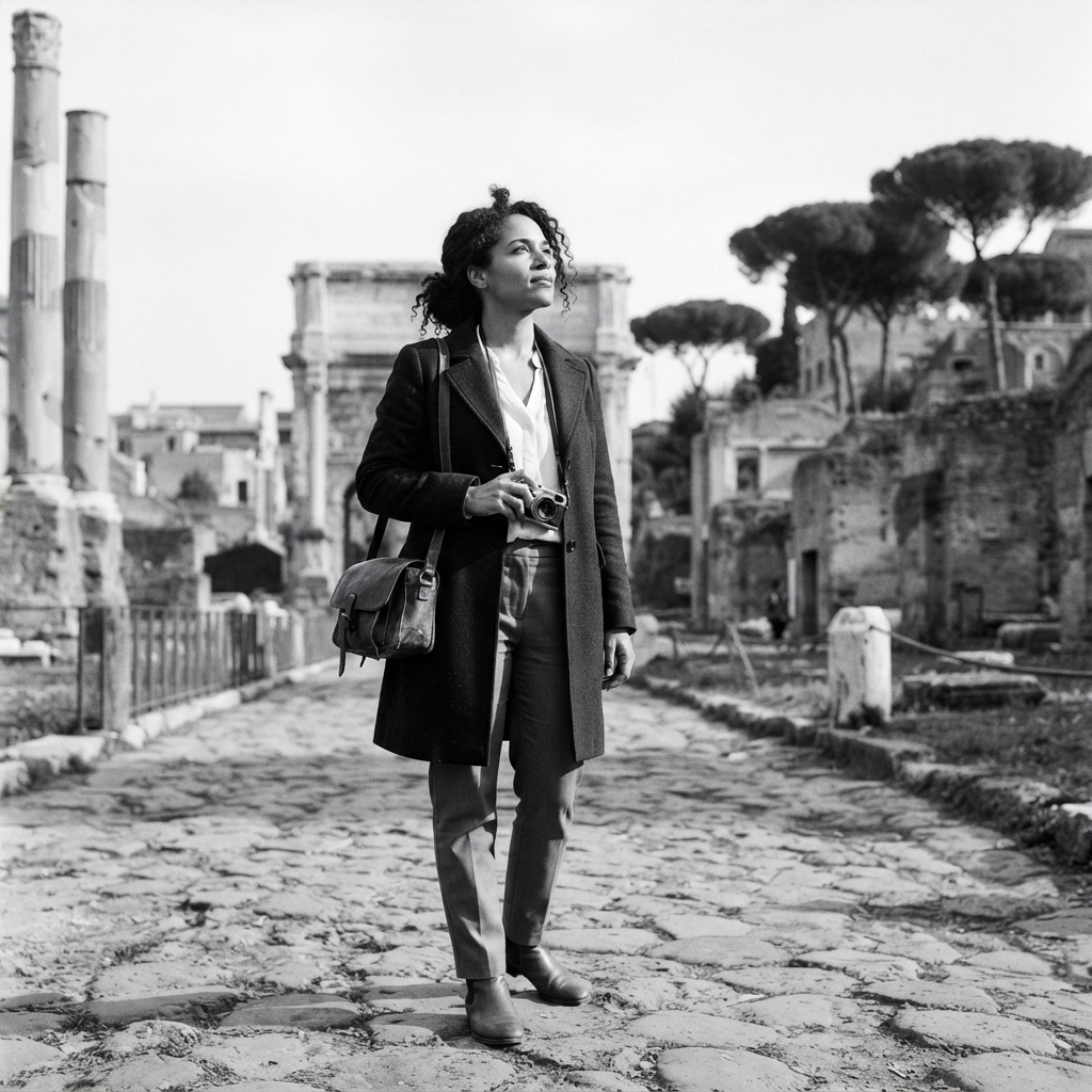 Rome Travel fine-art monochrome AI photo shoot idea created with imageat