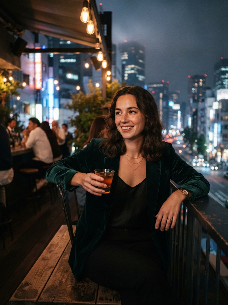 Rooftop Portraits cinematic night AI photo shoot idea created with imageat