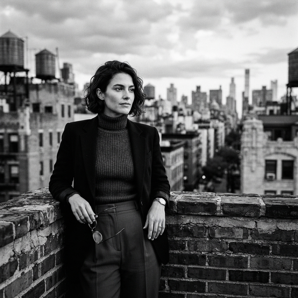 Rooftop Portraits fine-art monochrome AI photo shoot idea created with imageat