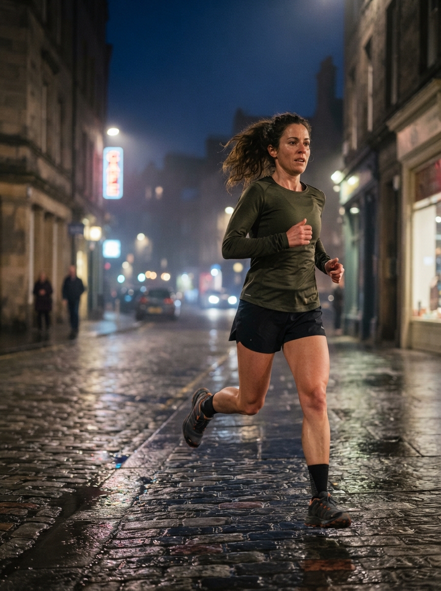 Running cinematic night AI photo shoot idea created with imageat