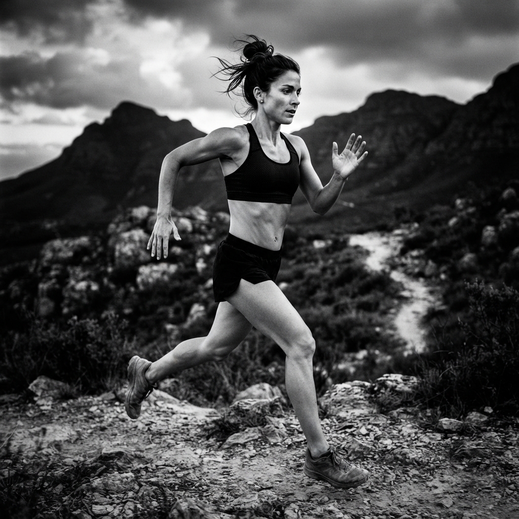 Running fine-art monochrome AI photo shoot idea created with imageat