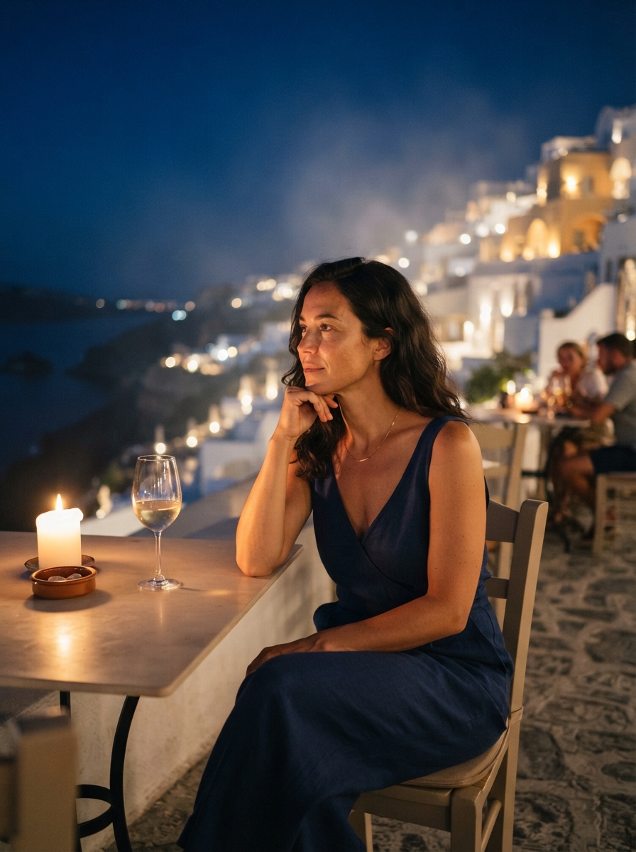 Santorini Summer cinematic night AI photo shoot idea created with imageat