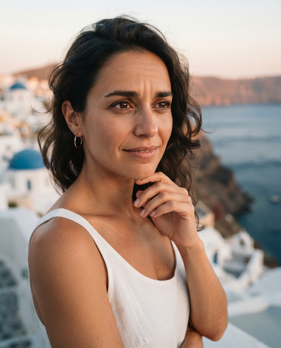 Santorini Summer cinematic close-up AI photo shoot idea created with imageat