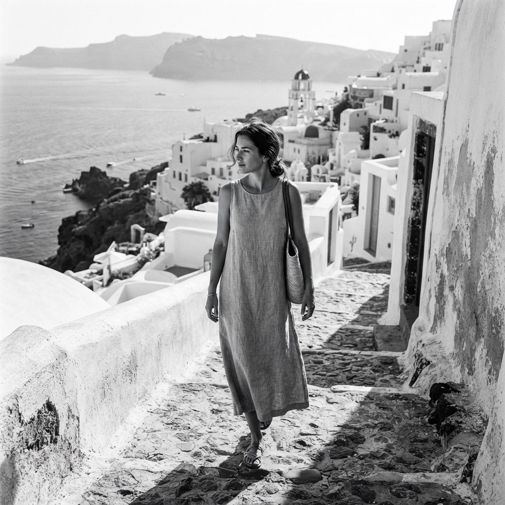 Santorini Summer fine-art monochrome AI photo shoot idea created with imageat