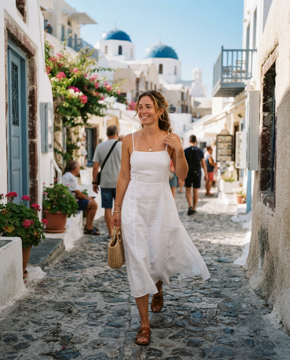 Santorini Summer street candid AI photo shoot idea created with imageat