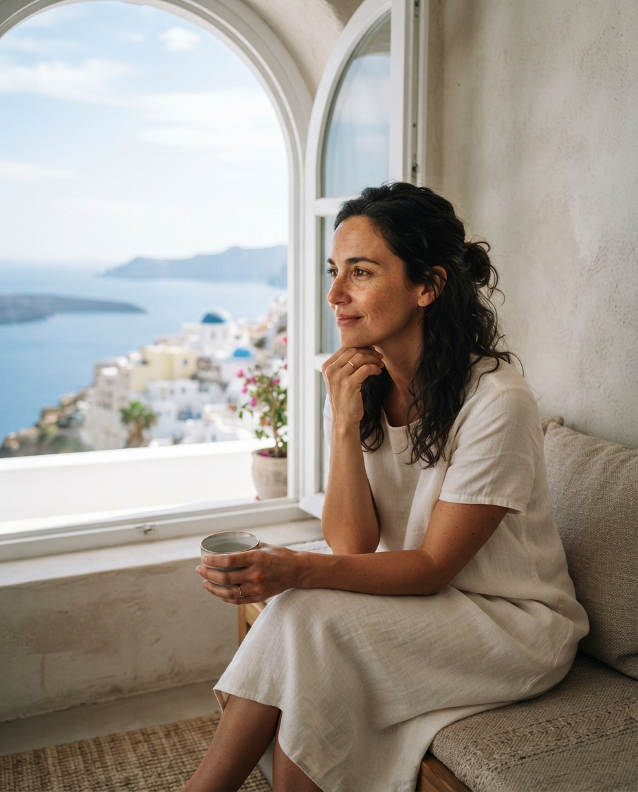 Santorini Summer natural window light AI photo shoot idea created with imageat