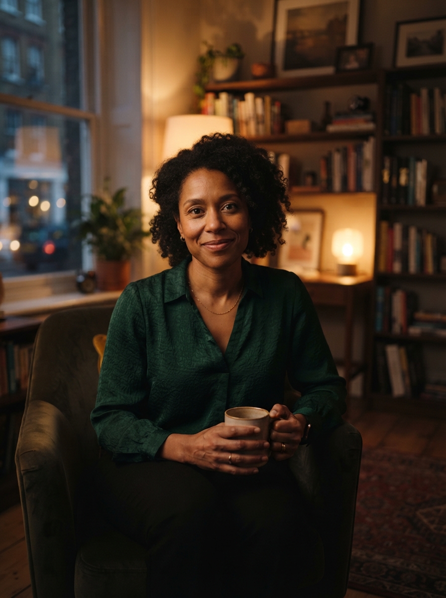 Therapist Headshots cinematic night AI photo shoot idea created with imageat