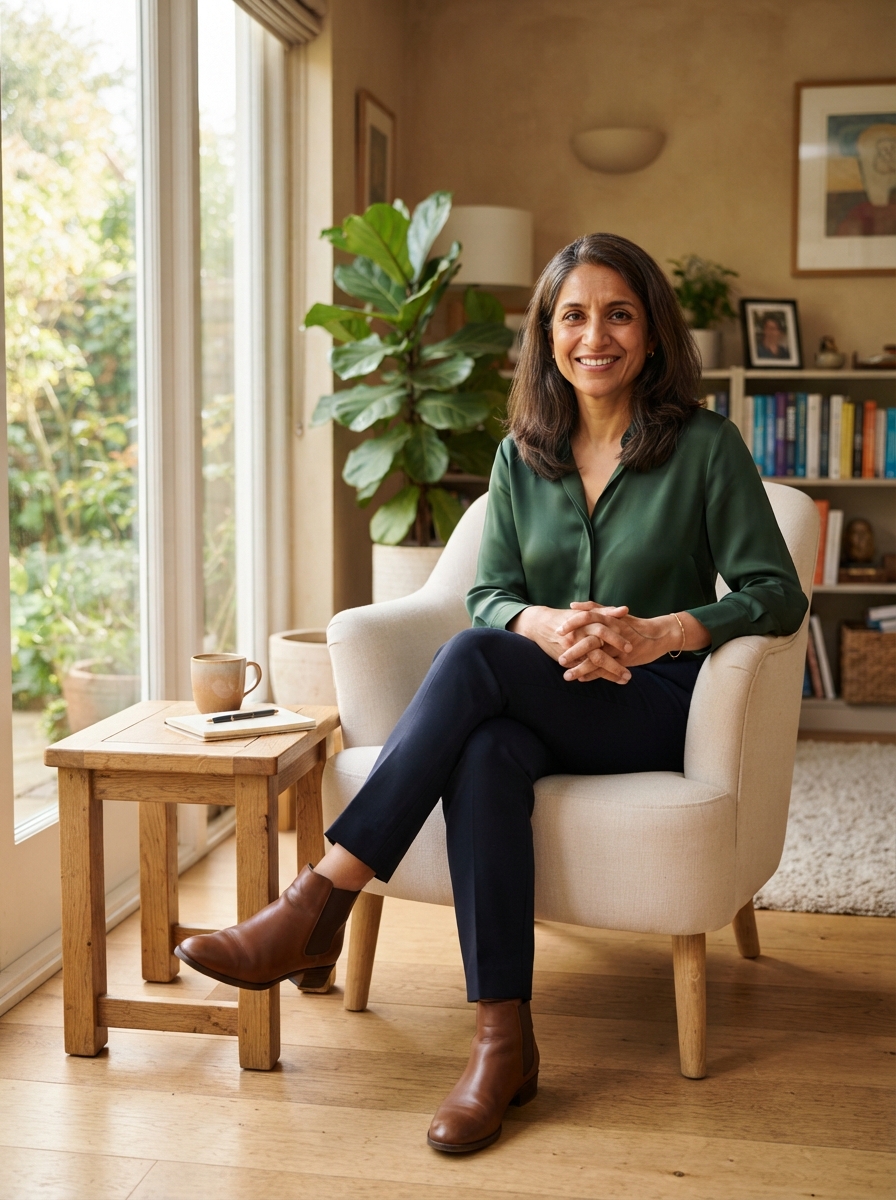 Therapist Headshots full-body story AI photo shoot idea created with imageat