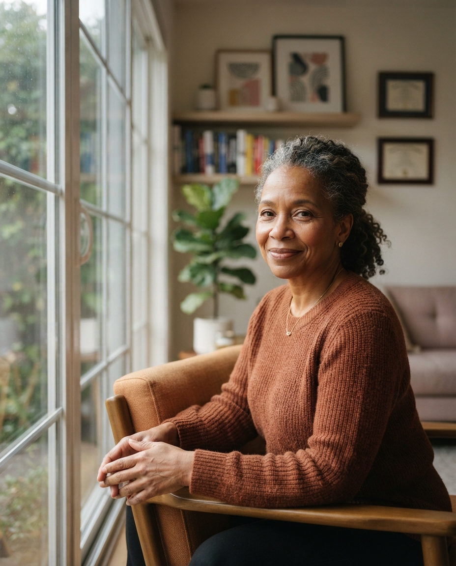 Therapist Headshots natural window light AI photo shoot idea created with imageat