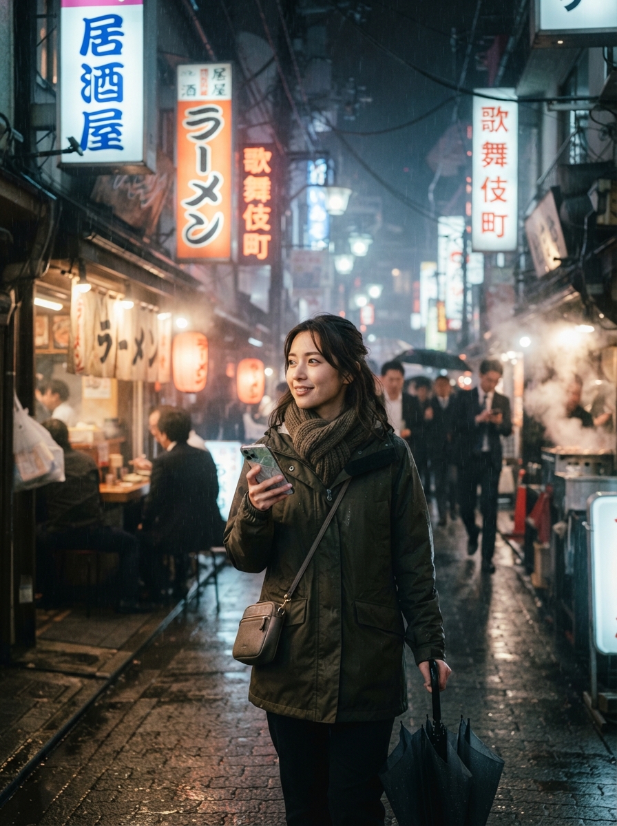 Tokyo Travel cinematic night AI photo shoot idea created with imageat