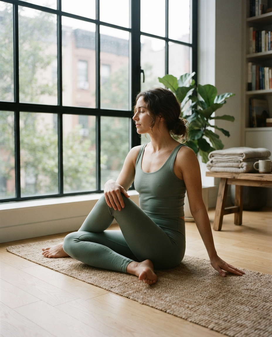 Yoga natural window light AI photo shoot idea created with imageat