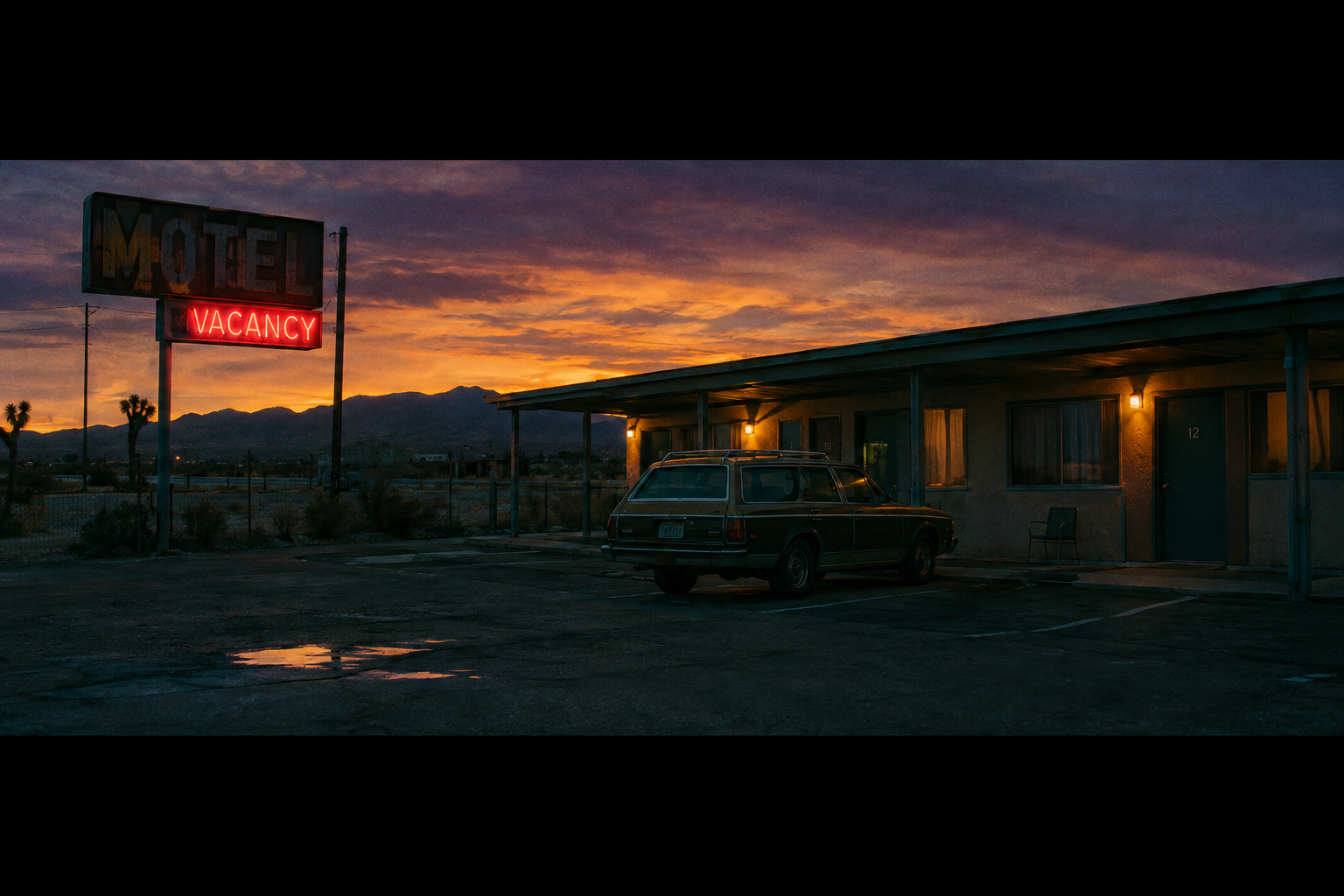 Cinematic film still of a desert motel at dusk with a lit vacancy sign, GPT Image 2.5