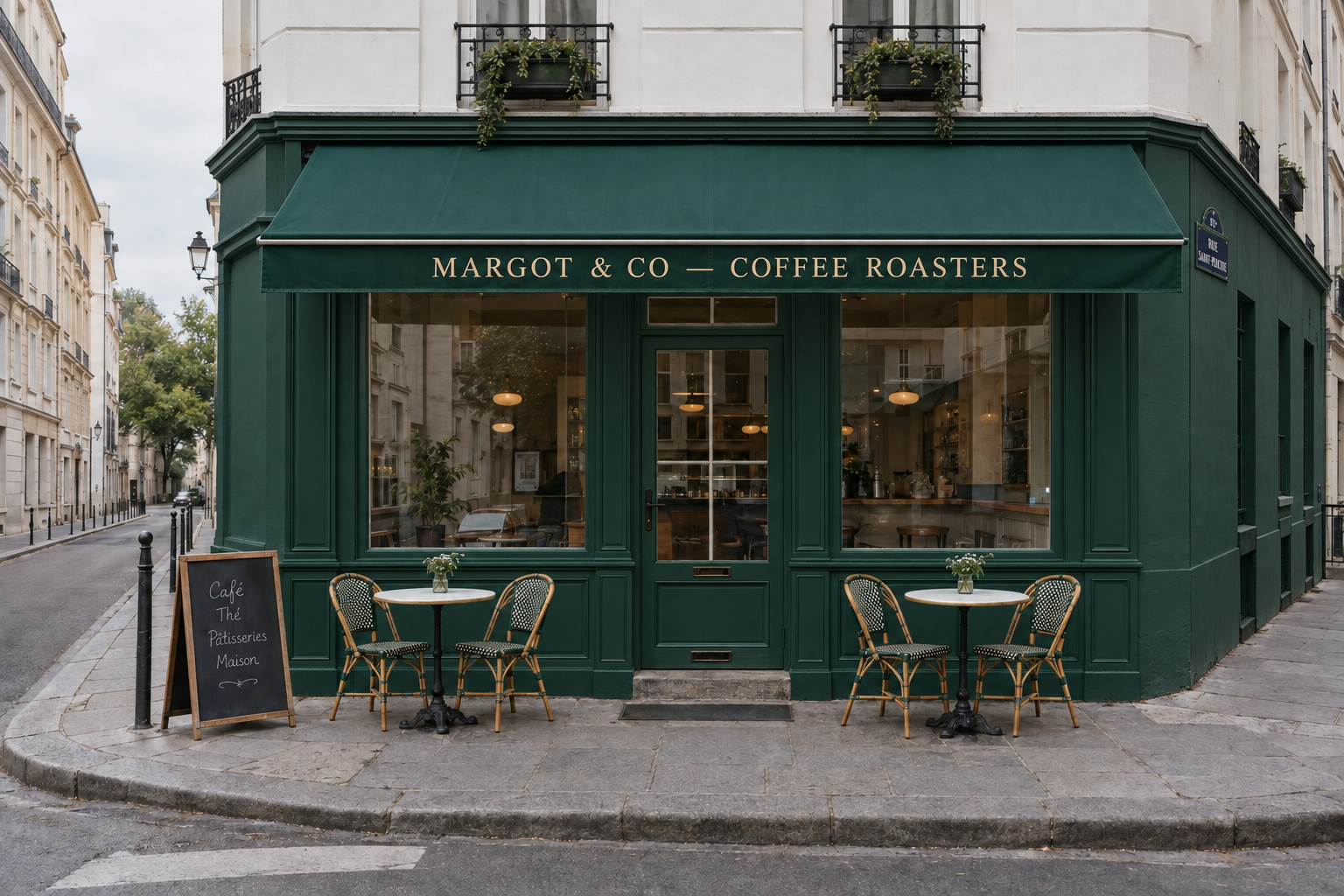 The same café shopfront repainted forest green with a gold lettered sign, edited with GPT Image 2.5