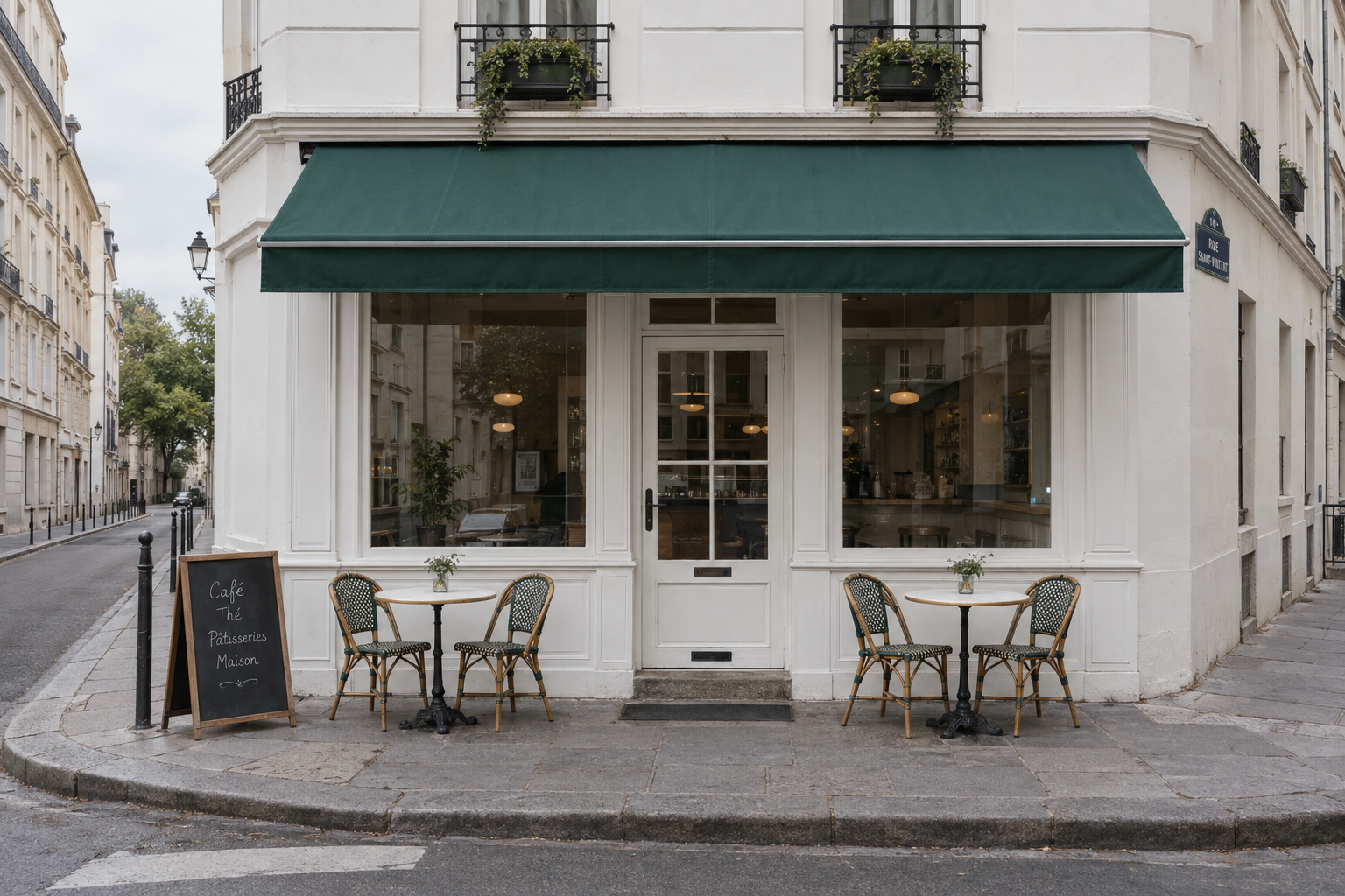 Plain white corner café shopfront before editing with GPT Image 2.5