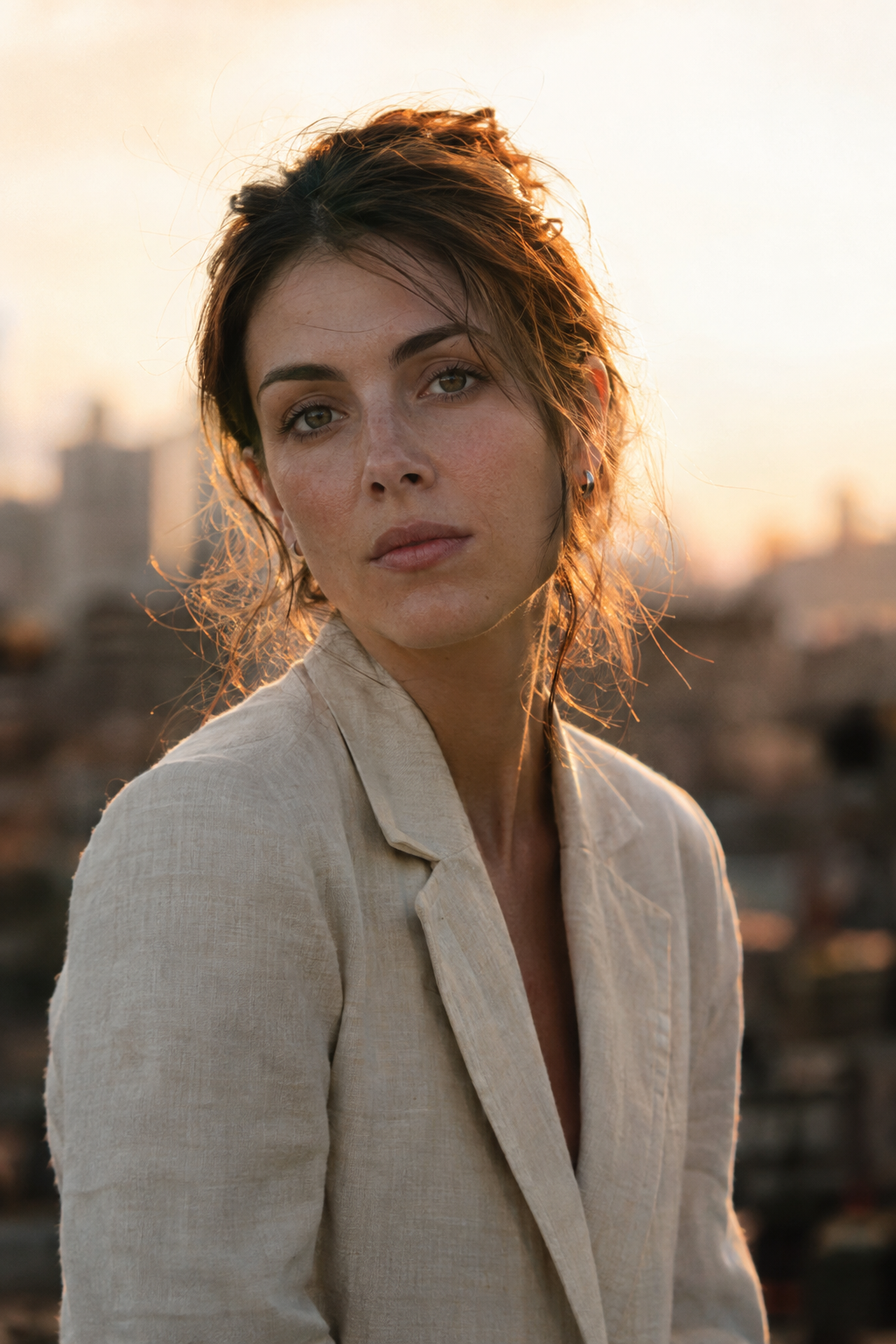 Golden hour editorial portrait of a woman on a city rooftop, natural skin texture, GPT Image 2.5