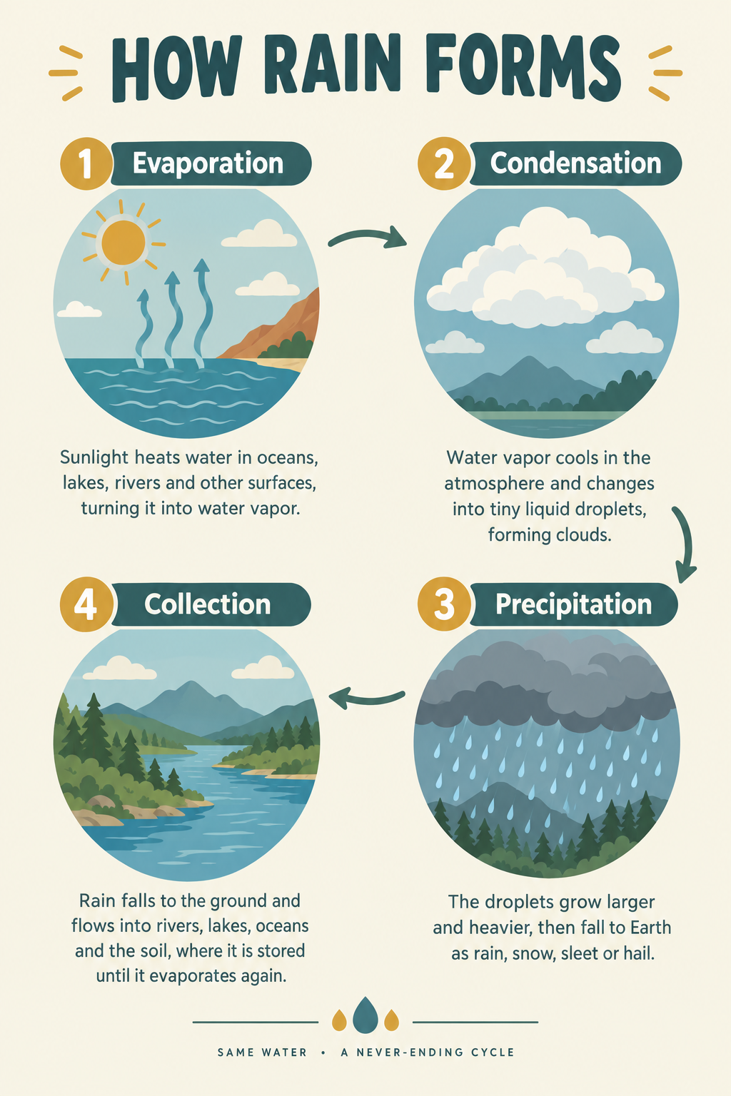 Educational infographic poster explaining how rain forms with labelled stages, GPT Image 2.5