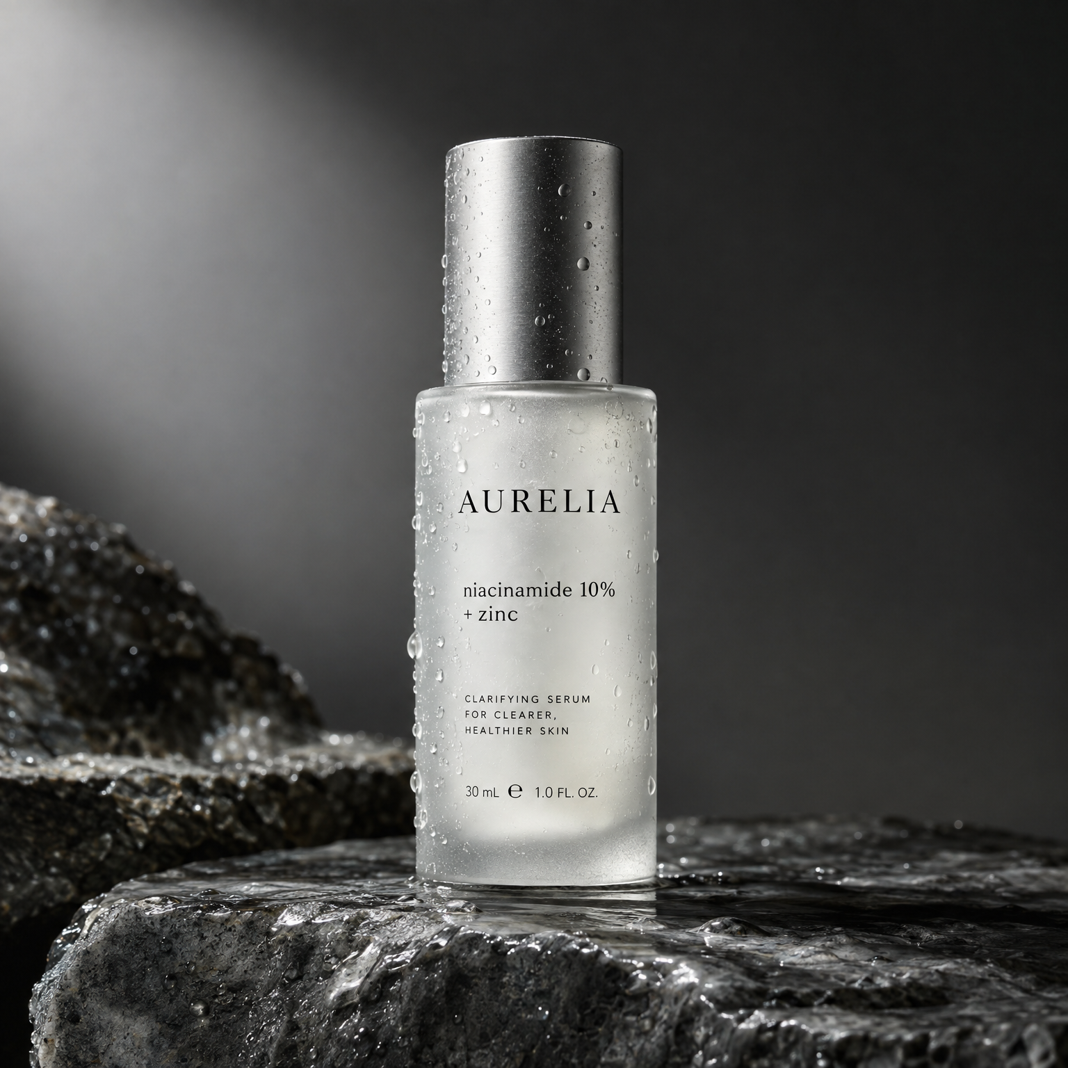 Frosted glass skincare serum bottle on wet stone with legible label, product photography, GPT Image 2.5