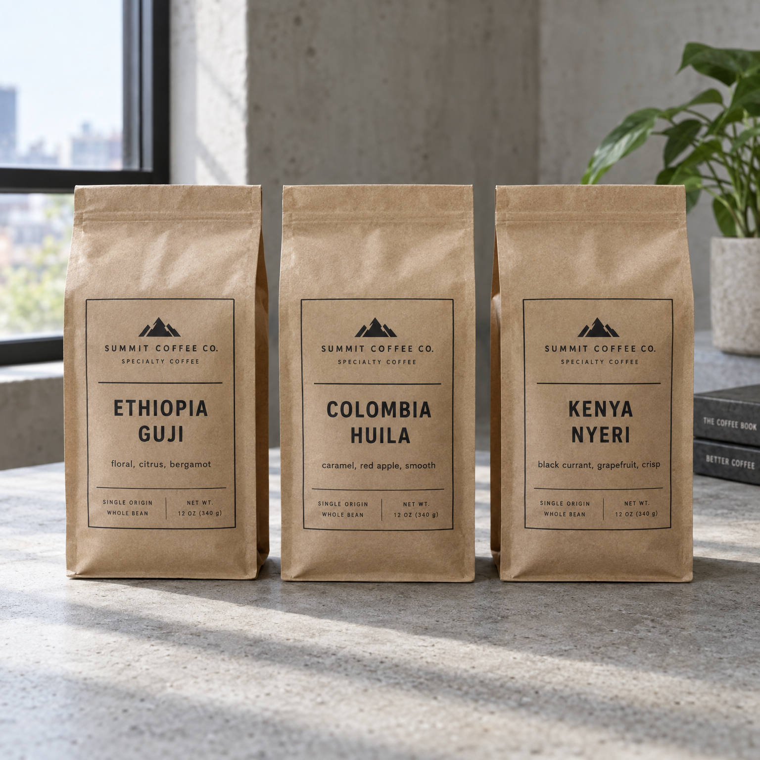 Three specialty coffee bags in a matching label system on a concrete surface, GPT Image 2.5