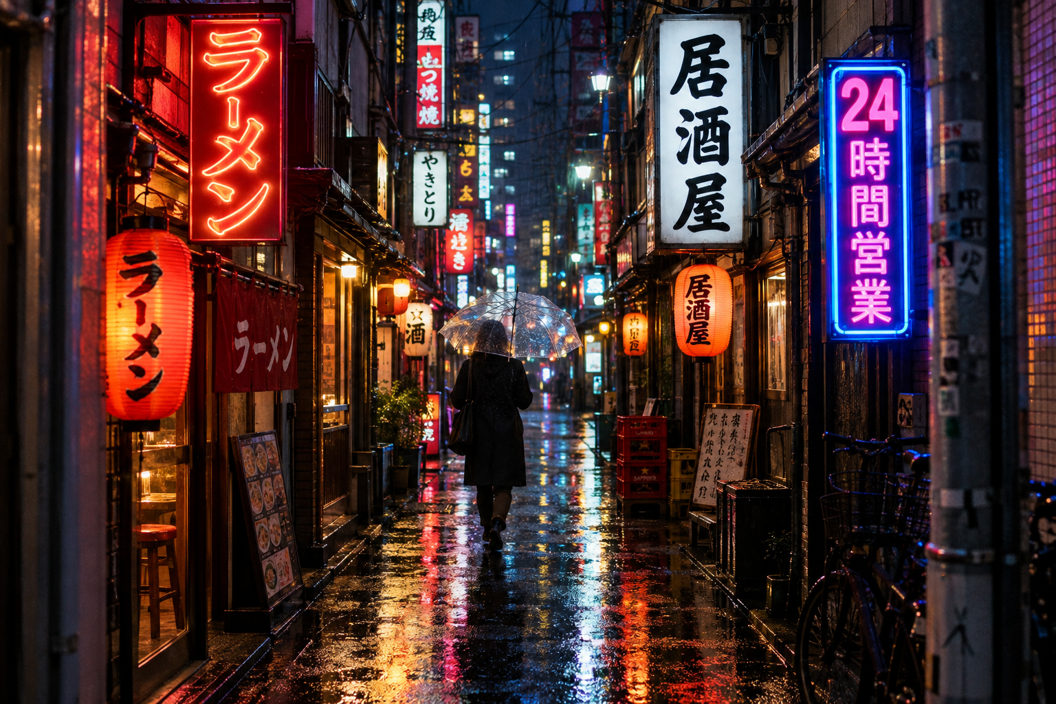 Rain soaked Tokyo alley at night with Japanese neon signage reflected in puddles, GPT Image 2.5