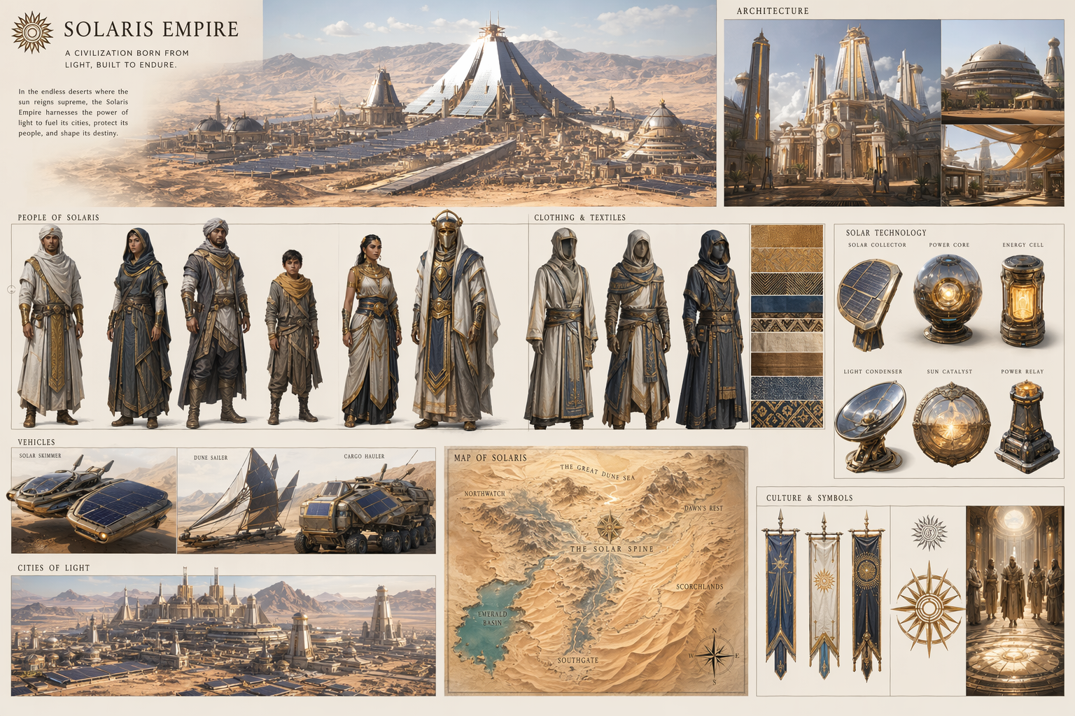 Futuristic solar desert civilization worldbuilding, architecture, vehicles, maps, cinematic, GPT Image 2