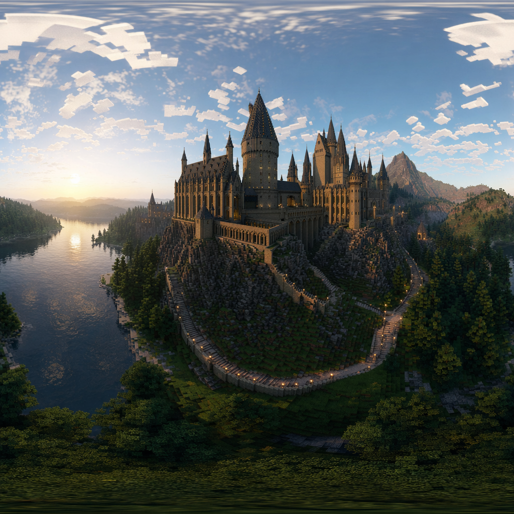 Equirectangular 360 of Hogwarts style castle in Minecraft, GPT Image 2