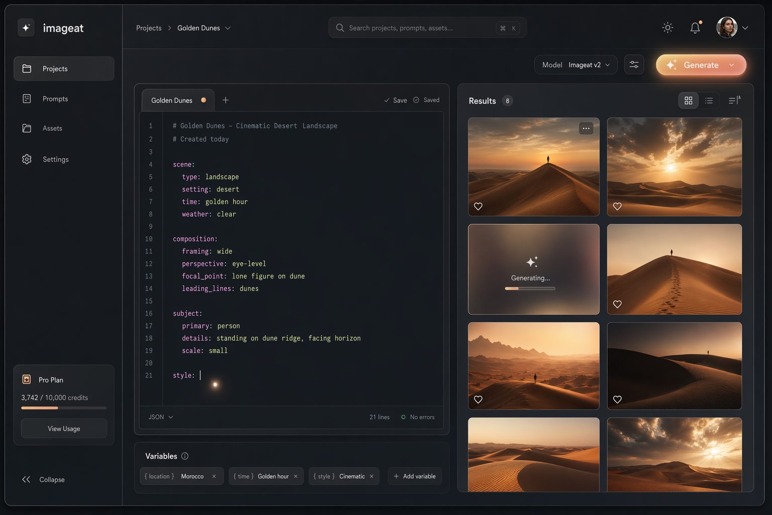 High-end imageat web app dark mode UI, Apple meets Notion, product design mockup, GPT Image 2