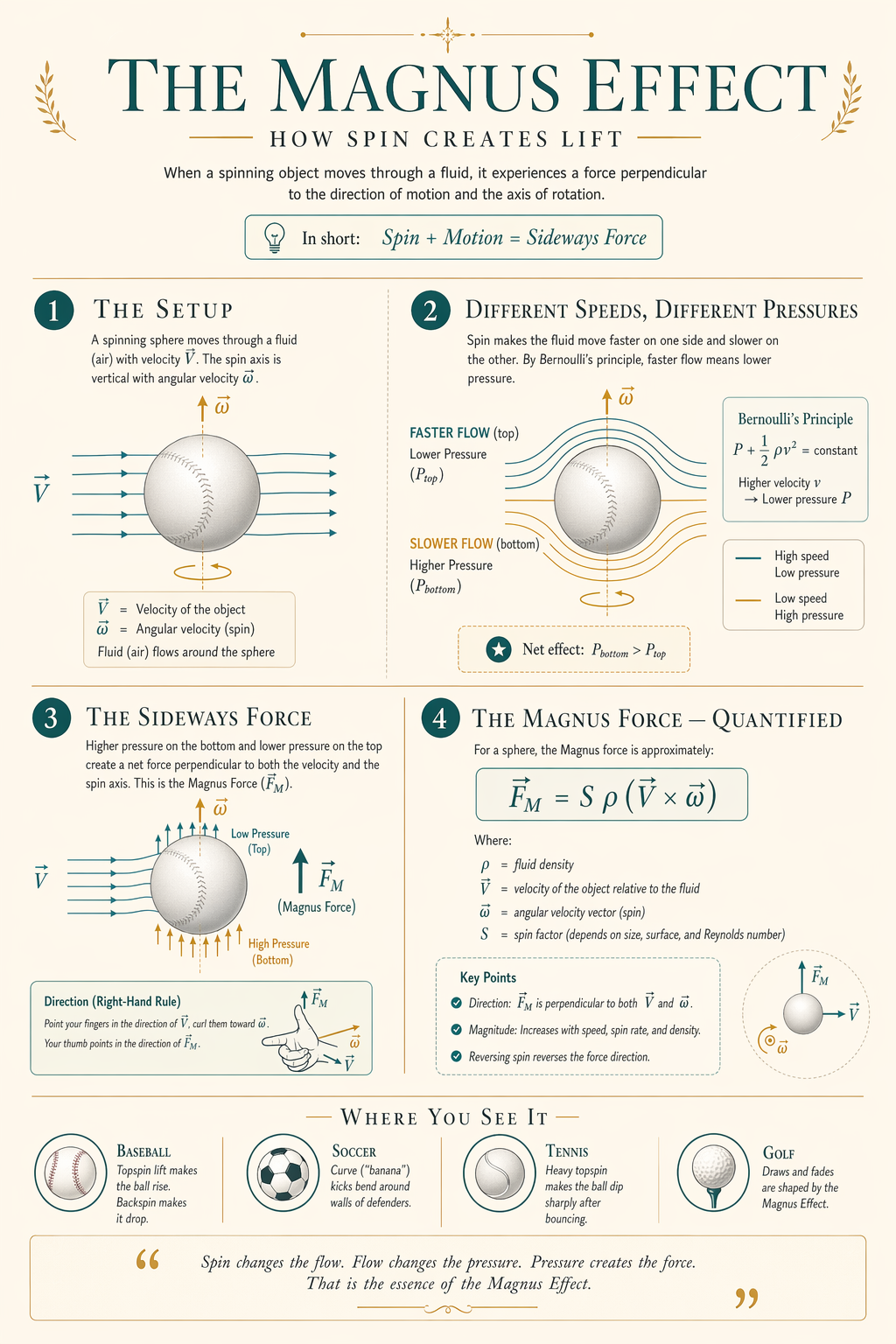 Magnus Effect educational infographic, cream background, teal and gold, GPT Image 2